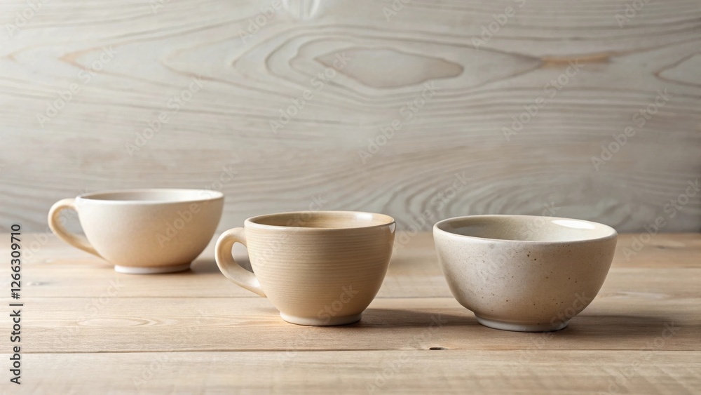 Cream-colored ceramic cups and bowl arranged on a light wooden surface against a blurred wooden backdrop, suggesting serenity and simplicity Cream-colored ceramic cups and bowl arranged on a light wooden surface against a blurred wooden backdrop, suggesting serenity and simplicity