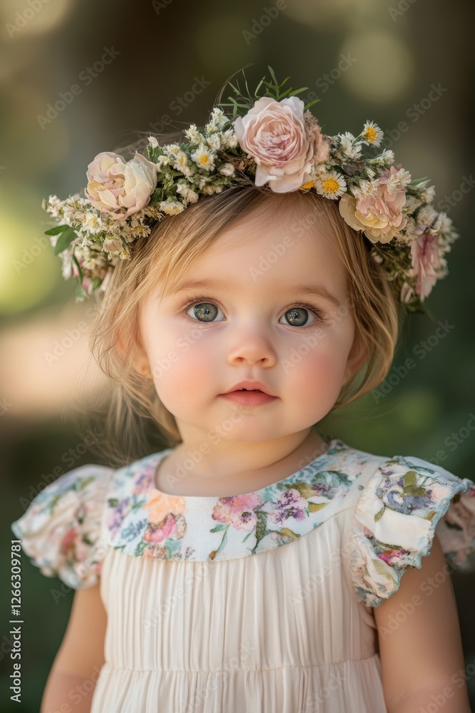 Sweet toddler with floral crown in a natural setting during a sunny afternoon Sweet toddler with floral crown in a natural setting during a sunny afternoon