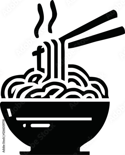 Noodles icon with chopsticks drawn by brush over white background. Vector illustration in cartoon design. Use for logos, icons, posters, graphics.