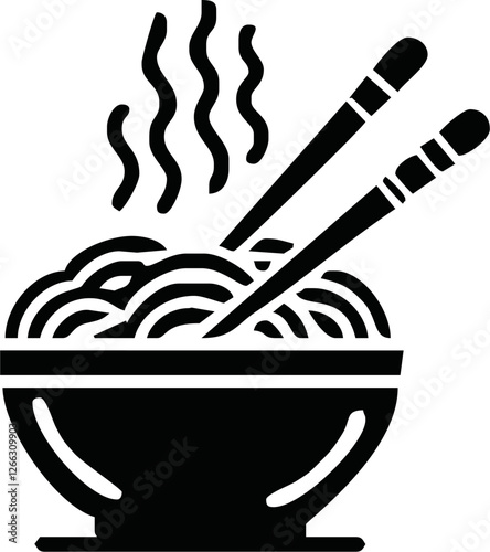 Noodles icon with chopsticks drawn by brush over white background. Vector illustration in cartoon design. Use for logos, icons, posters, graphics.