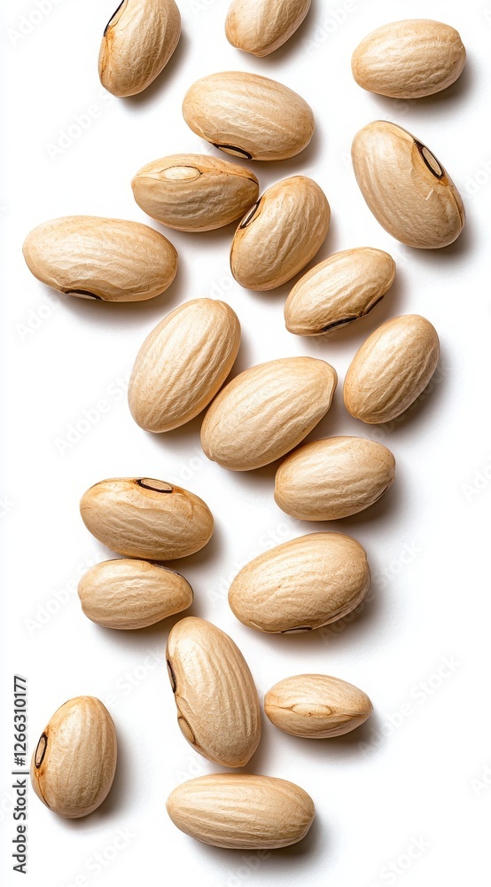 Obraz premium A collection of light-colored, oval-shaped seeds scattered on a white background, showcasing their smooth texture and distinct markings.