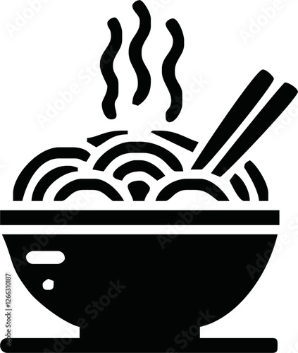 Noodles icon with chopsticks drawn by brush over white background. Vector illustration in cartoon design. Use for logos, icons, posters, graphics.