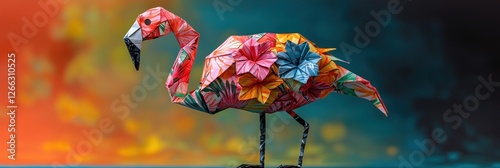 Origami Flamingo Adorned With Tropical Flowers photo