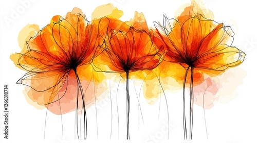 Vibrant orange flowers with delicate outlines against a soft watercolor background