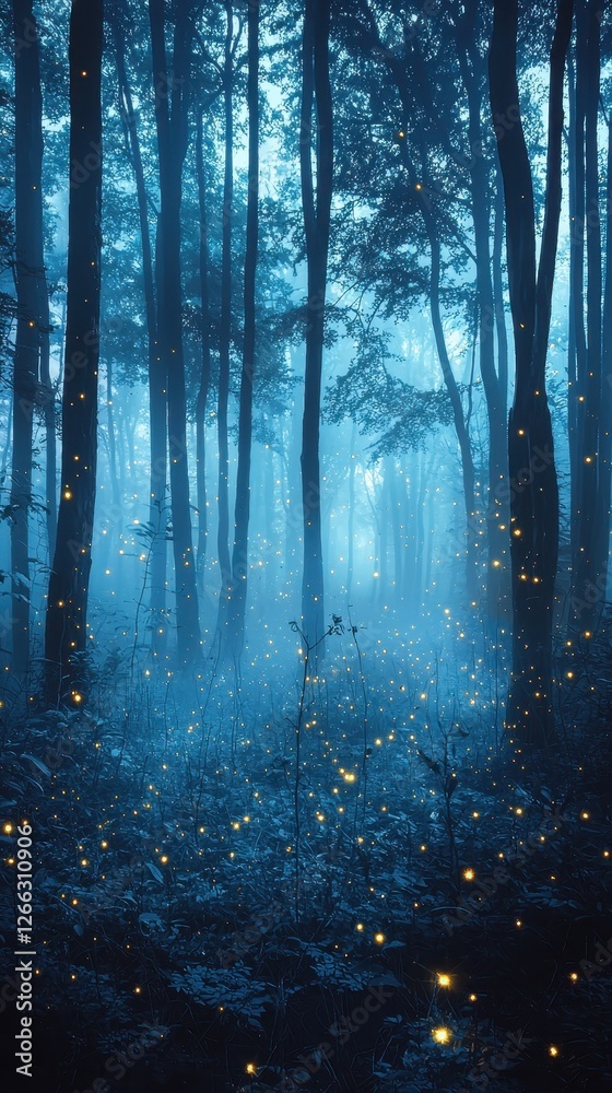 Obraz premium Mysterious Foggy Forest Illuminated by Soft Glowing Fireflies