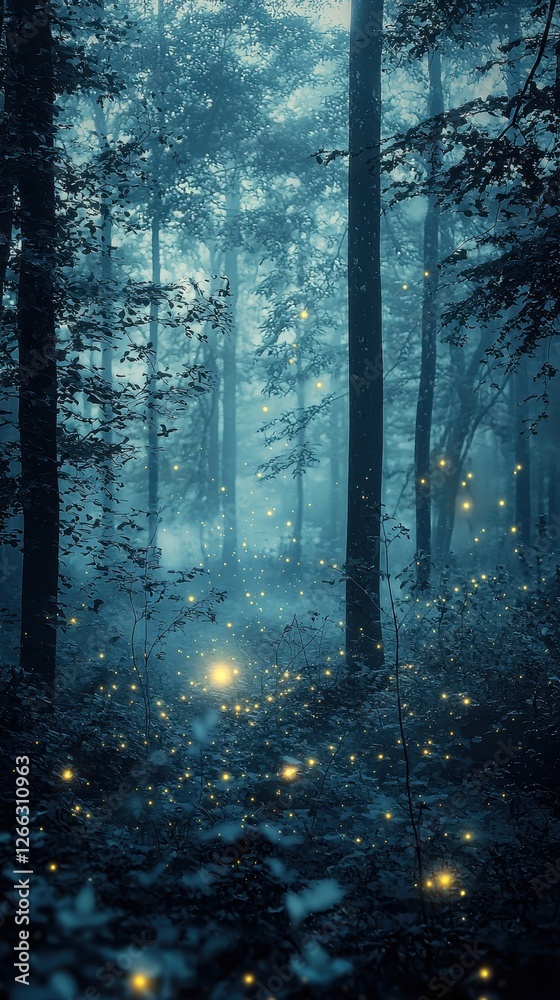 Fototapeta premium Mysterious Foggy Forest with Soft Glowing Fireflies at Dusk