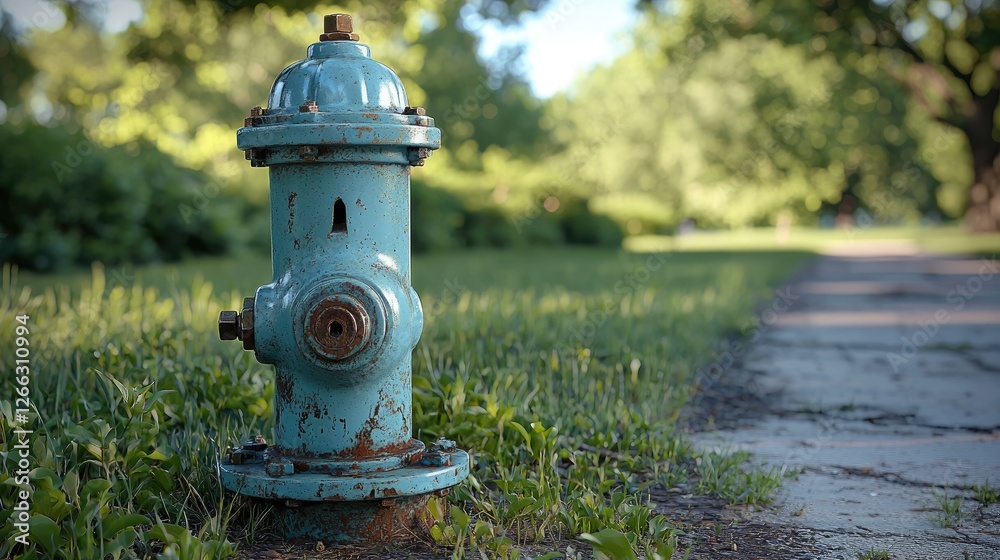 Fototapeta premium A weathered blue fire hydrant stands on a sidewalk surrounded by lush greenery in a park