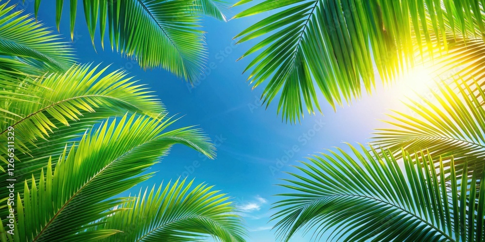 Fototapeta premium Lush Tropical Palm Fronds Underneath a Vibrant Sunny Sky, Creating a Relaxing and Serene Atmosphere