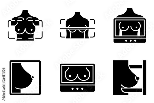Mammography icon set, female breast in scanner. Laboratory research. vector illustration on white background