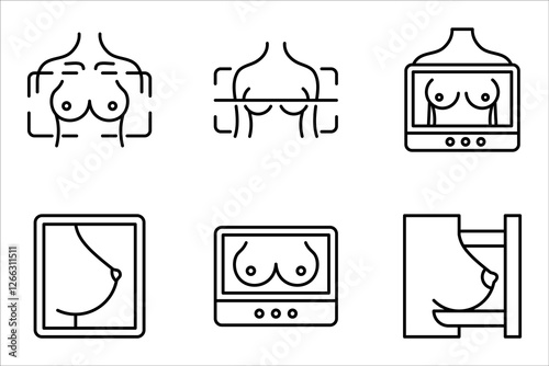 Mammography icon set, female breast in scanner. Laboratory research. vector illustration on white background
