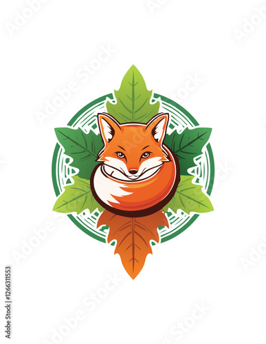 A stylized fox curled up with a cunning expression, framed by green and orange leaves in a decorative emblem.