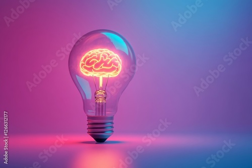 A futuristic lightbulb with a glowing brain inside, symbolizing intelligence, creativity, and innovation. The vibrant pink and blue gradient background enhances the modern and conceptual aesthetic.