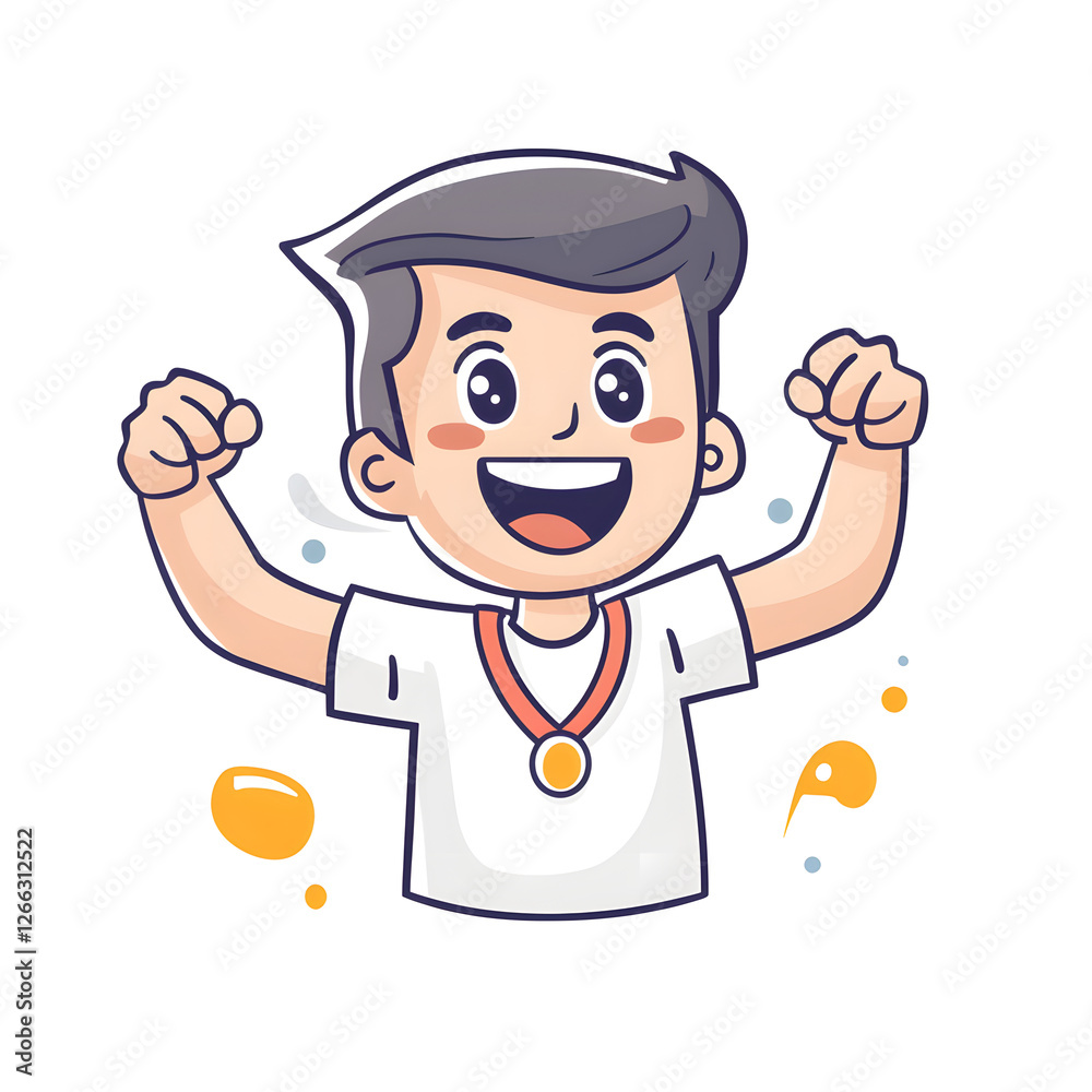 cheerful cartoon illustration of young runner celebrating with medal. character displays excitement and joy, showcasing sense of achievement and victory