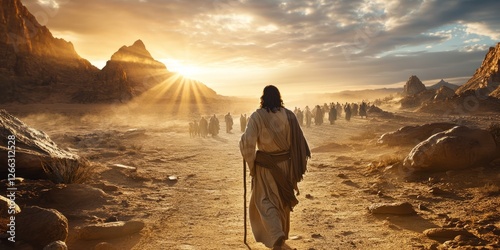 A wide shot of the biblical figure Jesus walking through a dry desert with rocks and mountains in the background, holding a staff, with rays of light coming from behind him.