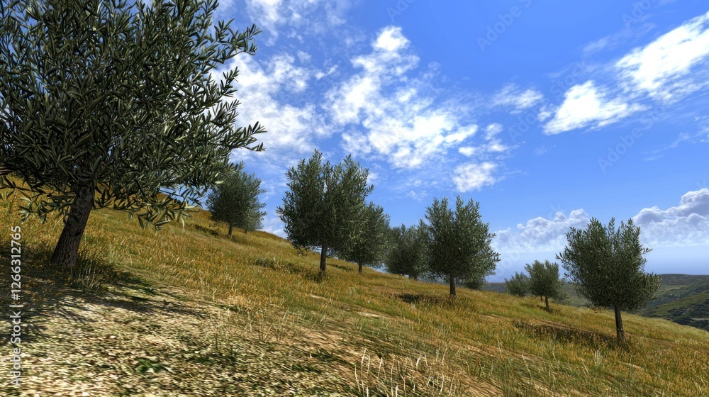 Sunny olive grove on a hillside under a blue sky Sunny olive grove on a hillside under a blue sky