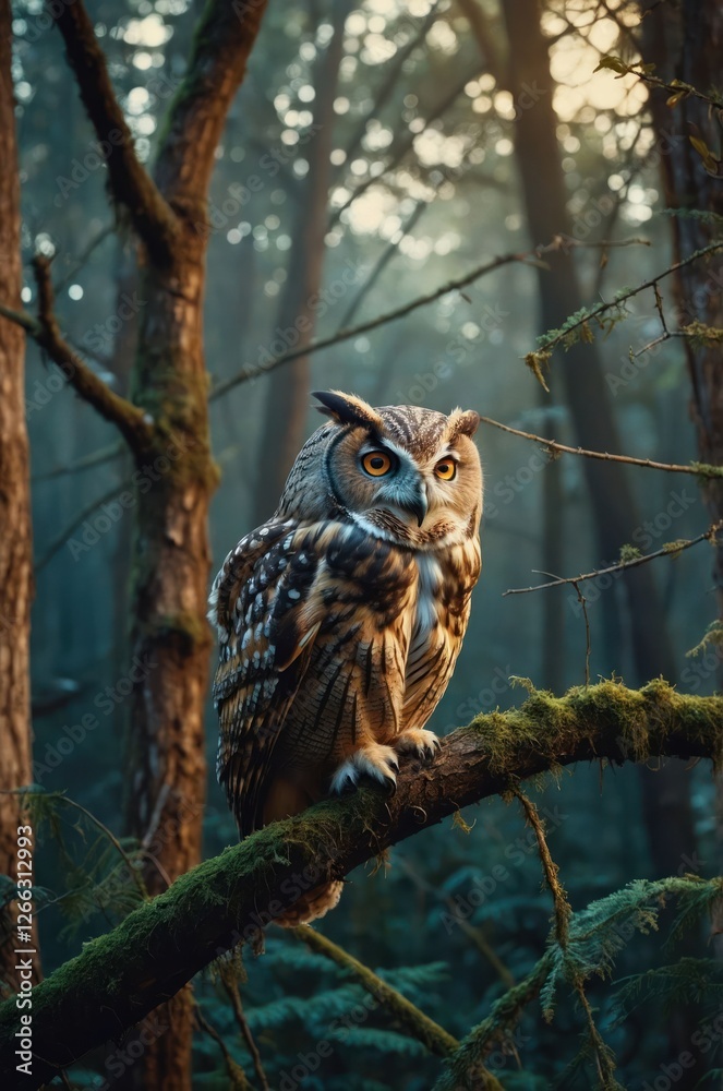 A majestic owl perched on a mossy branch in a misty forest setting. A majestic owl perched on a mossy branch in a misty forest setting.