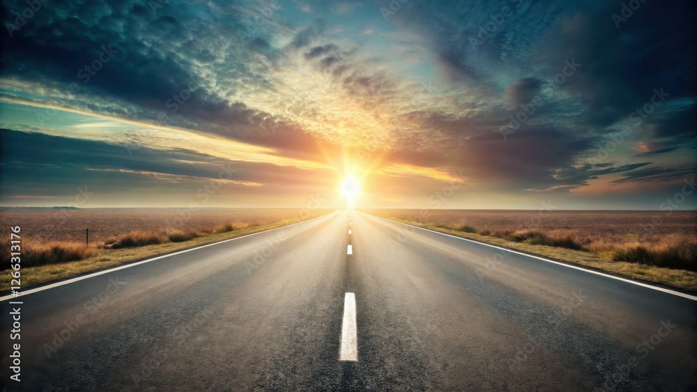 Asphalt Road Stretching Towards a Vibrant Sunset Sky, a Symbol of Journey and Endless Possibilities Asphalt Road Stretching Towards a Vibrant Sunset Sky, a Symbol of Journey and Endless Possibilities