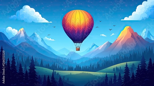 Colorful hot air balloon soaring over vibrant mountains and lush forest landscape at dawn