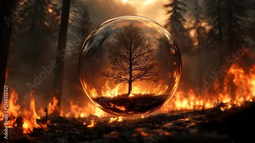 Tree saved by bubble in Fiery Forest Natures Enchanted Scene