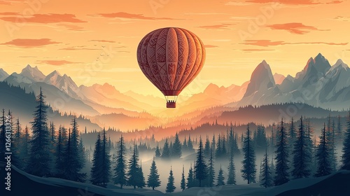 Vibrant hot air balloon soaring above misty mountains and dense forest during sunset