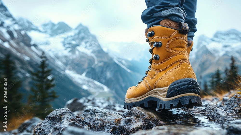 Hiker's yellow boot on rocky terrain with majestic mountains and cloudy sky in the background Hiker's yellow boot on rocky terrain with majestic mountains and cloudy sky in the background