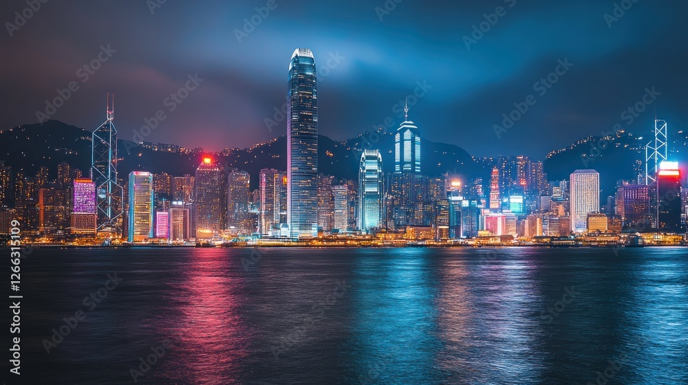 Obraz premium Vibrant Hong Kong skyline illuminated at night reflecting on the water
