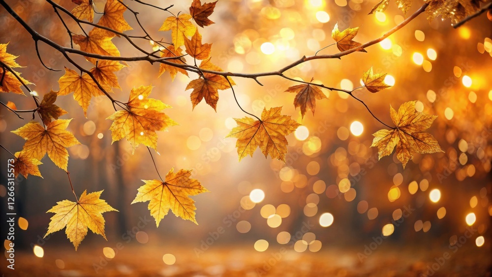 Autumnal Branch with Golden Leaves Illuminated by Soft Light and Bokeh Background Autumnal Branch with Golden Leaves Illuminated by Soft Light and Bokeh Background