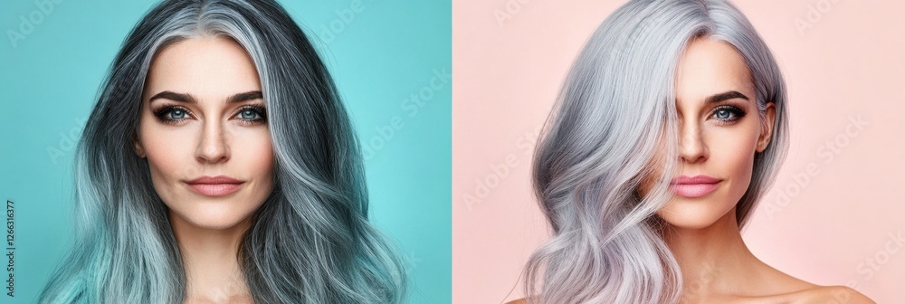 Obraz premium Transformation from gray hair to vibrant dyed hair showcases stunning hair artistry in a side by side effect. Generative AI