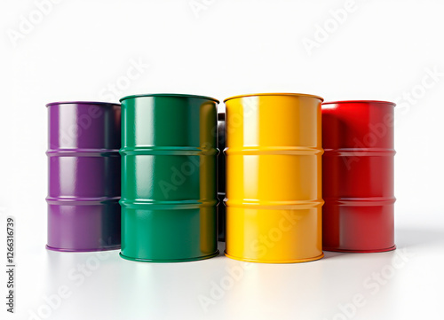Colored metal oil barrels on white background