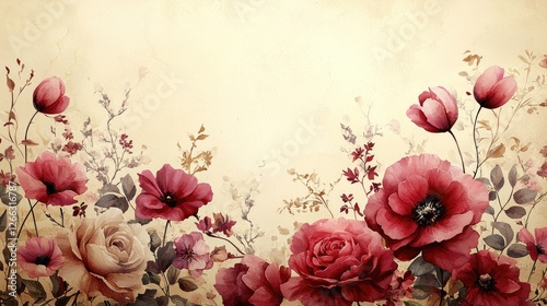 Elegant floral arrangement with pink roses and poppies against a soft beige background