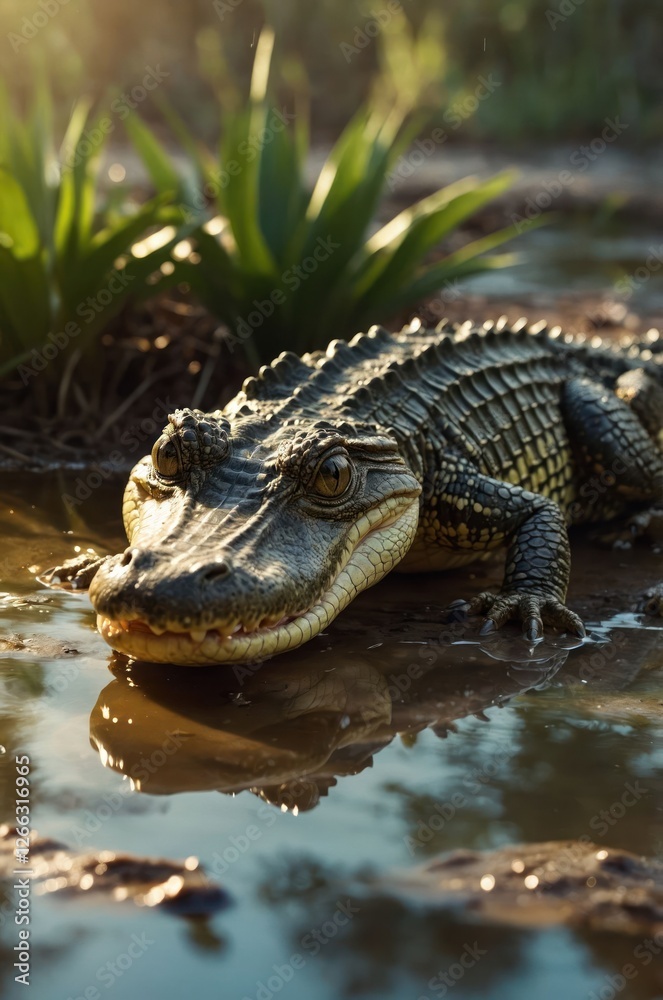A close-up of a crocodile resting by the water's edge in a natural setting. A close-up of a crocodile resting by the water's edge in a natural setting.