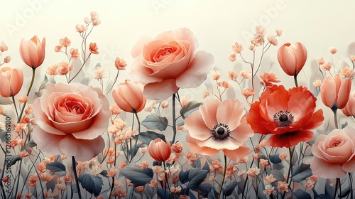 A vibrant floral arrangement featuring various roses and anemones in soft pastel hues