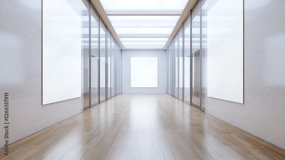 Obraz premium Modern Gallery Interior: Empty White Walls and Polished Wooden Floor