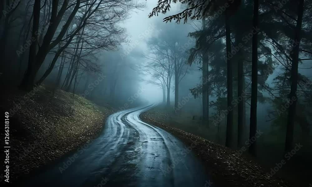 Eerie Foggy Forest Road at Night – A Haunting and Mysterious Scene Eerie Foggy Forest Road at Night – A Haunting and Mysterious Scene