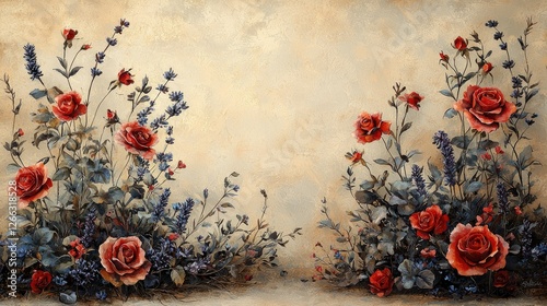 Beautiful floral arrangement featuring vibrant red roses and delicate blue flowers against a textured background