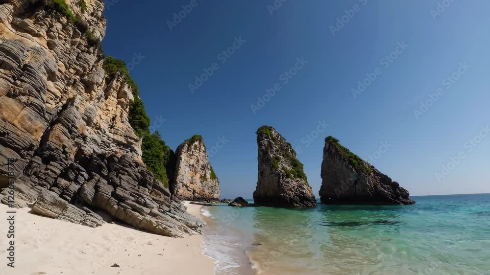Rocky beach with turquoise water and clear sky, natural serenity and getaway concept Rocky beach with turquoise water and clear sky, natural serenity and getaway concept