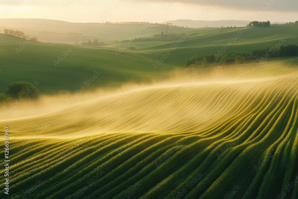 Obraz premium Rolling green hills bathed in morning mist. Perfect for illustrating themes of nature, agriculture, and serenity.