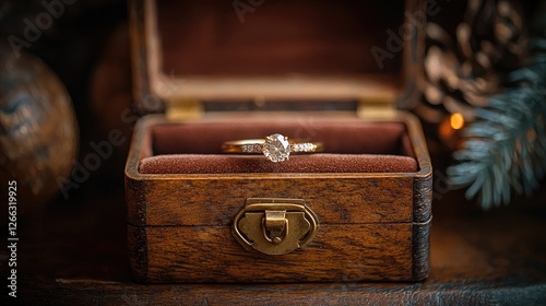 Elegant diamond ring displayed in a vintage wooden box, surrounded by festive decorations
