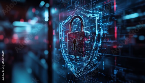 Image of a padlock with a shield over an office, security concept, protection, office safety, digital lock, secure workspace, cybersecurity, defense, safety measures