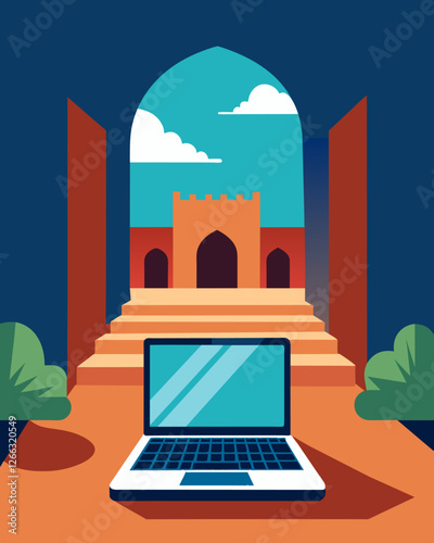 Whether used for work or meditation the laptop finds its place of focus and inspiration in the courtyard.. Vector illustration