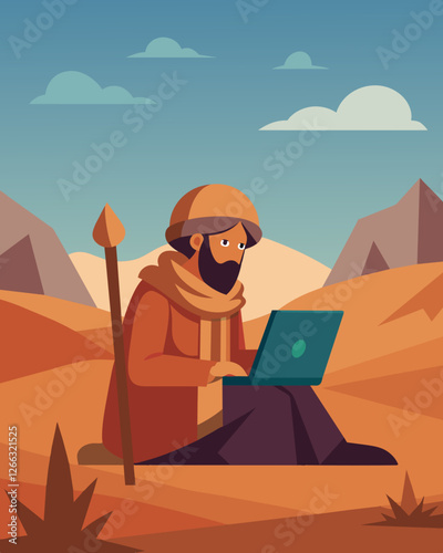 With no distractions or interruptions the nomad is able to fully immerse themselves in their work appreciating the deserts calming effect on their productivity.. Vector illustration