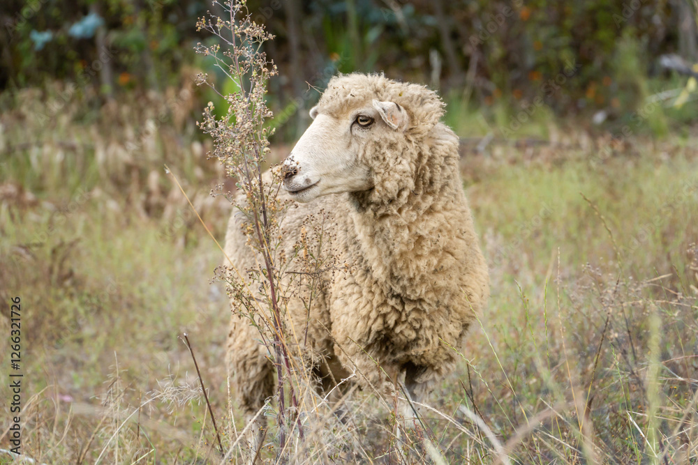 A woolly sheep standing in a grassy field, gazing to the side. The animal blends into the natural environment, surrounded by wild plants and greenery. A woolly sheep standing in a grassy field, gazing to the side. The animal blends into the natural environment, surrounded by wild plants and greenery.
