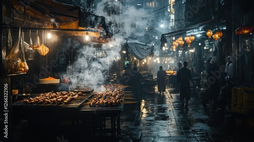 Night Market Ambiance, Steaming Food and Lanterns in a Wet Urban Scene