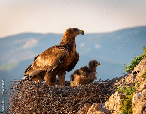 Majestic golden eagle perched on the edge of a rugged mountain cliff, guarding its nest with one fluffy eaglet. The warm glow of the setting sun highlights the eagle’s sharp beak and powerful feather