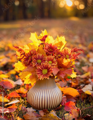A striped ceramic vase filled with autumn flowers and colorful leaves sits on the ground, surrounded by fallen foliage in warm sunlight.