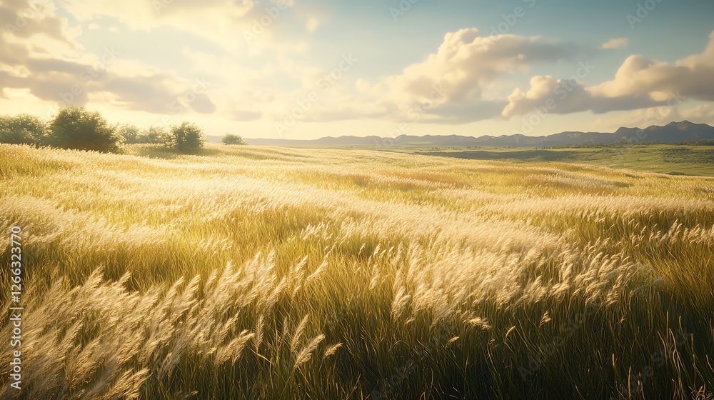 Lush Golden Grass Fields Under a Brilliant Sunset Sky in a Serene Natural Landscape Lush Golden Grass Fields Under a Brilliant Sunset Sky in a Serene Natural Landscape