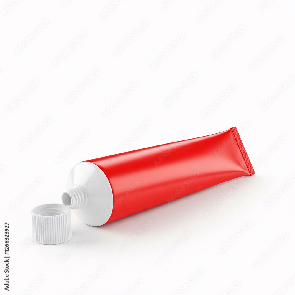 Red tube of toothpaste on a white background. 3d rendering front view Red tube of toothpaste on a white background. 3d rendering front view