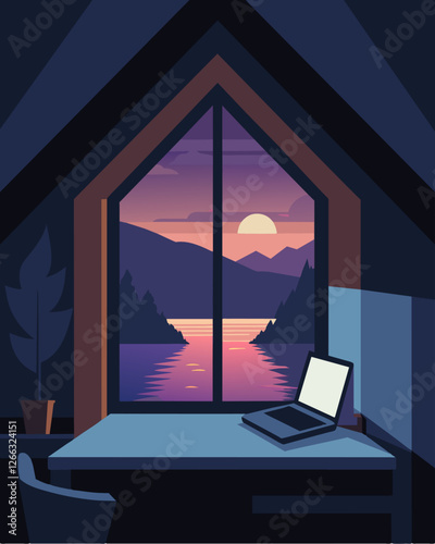 Through the windows of a charming riverbank cabin a laptop can be seen on a desk inside its soft glow contrasting against the darkening sky at dusk.. Vector illustration