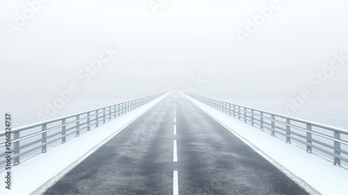 Empty Snowy Bridge Road in Dense Fog photo