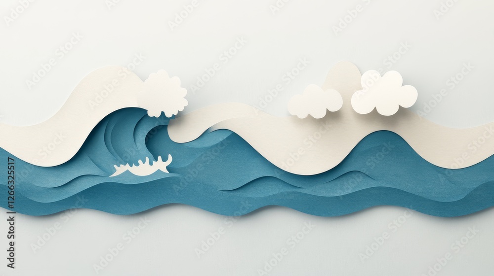 Dynamic waves and clouds nature scene paper art calm environment